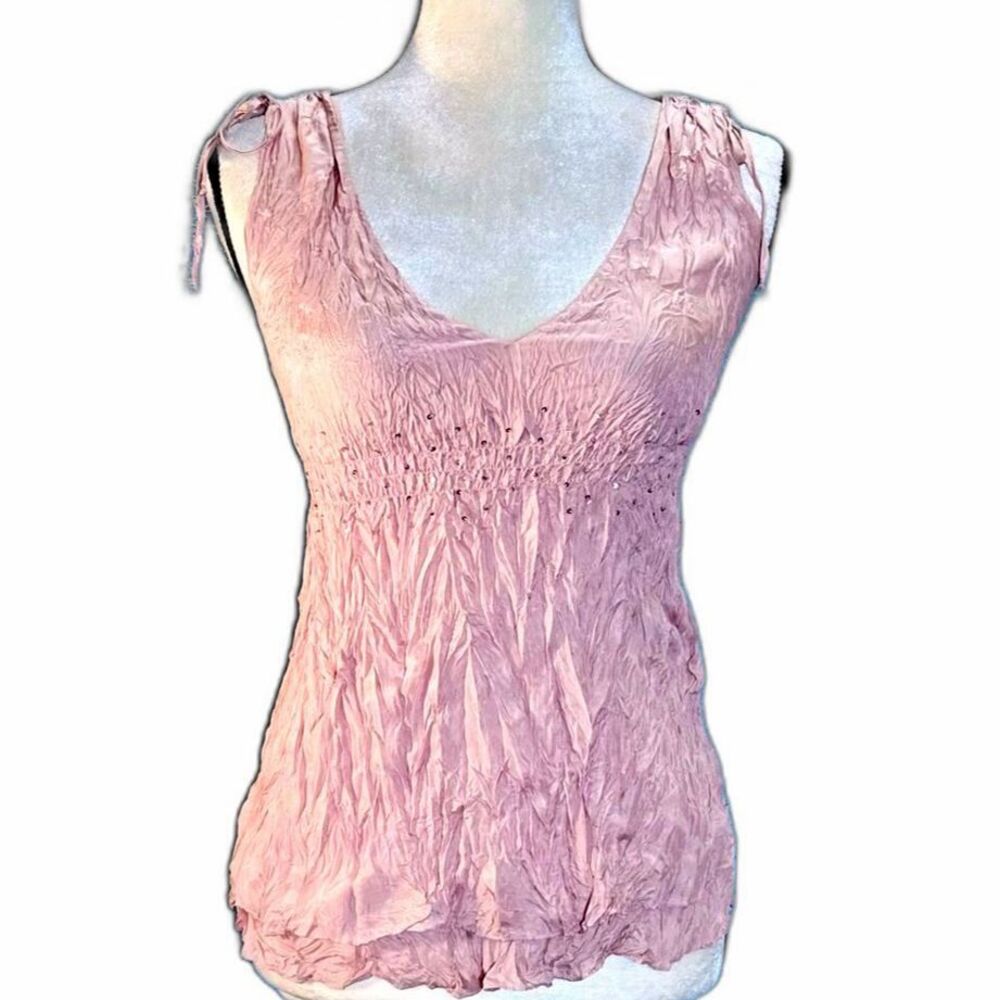 VTG Y2K Express 100% Silk Crinkle Babydoll Top Sequin Smocked Cami Small